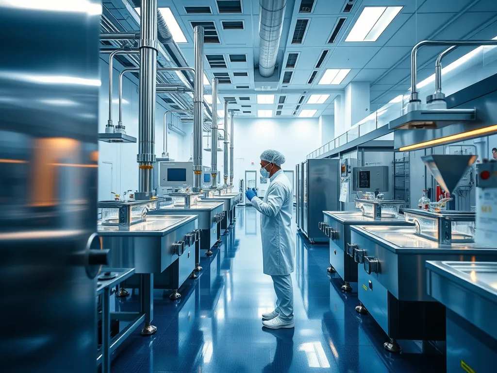 GMP pharmaceutical production floor with stainless steel equipment